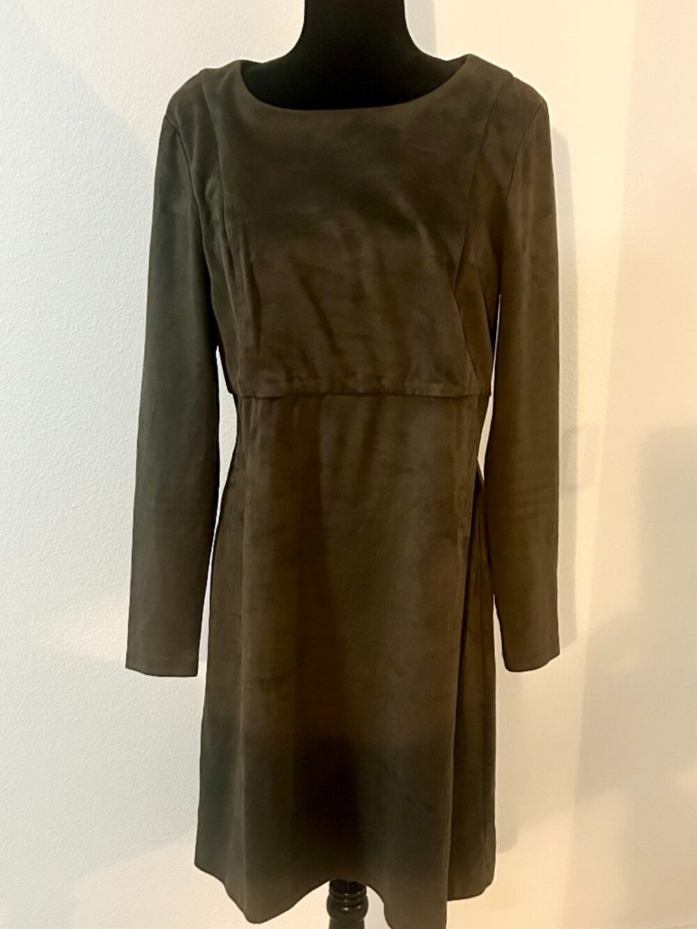 Catherine Malandrino Olive Green Faux Suede Long Sleeve Empire Maxi A-Line Dress